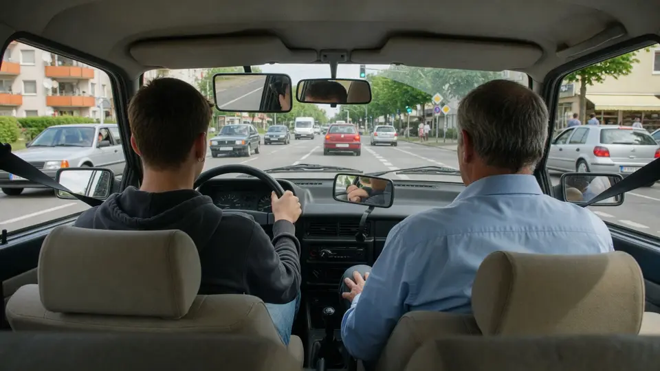 Fahrschüler am Steuer, Fahrlehrer auf dem Beifahrersitz, Blick von der Rückbank durch die Windschutzscheibe auf eine Straße im Ort.