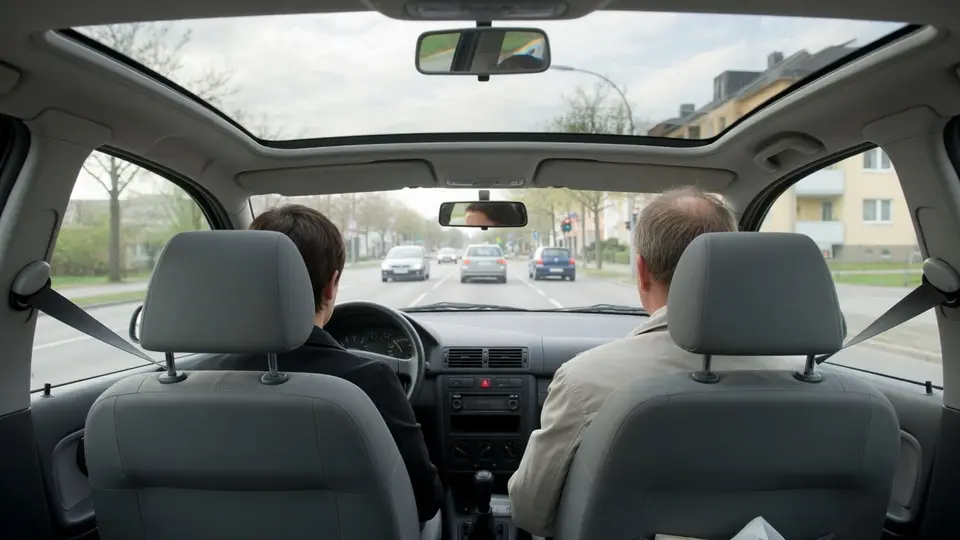 Fahrstunde von der Rückbank aus gesehen: der Fahrschüler lenkt, der Fahrlehrer sitzt daneben, vor ihnen fließt der Verkehr.