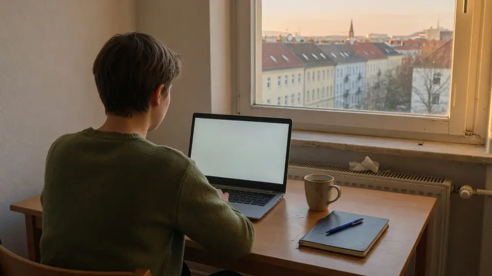 Jemand sitzt mit einem Laptop an einem Tisch am Fenster und übt, draußen die Dächer einer Stadt in der Abendsonne.