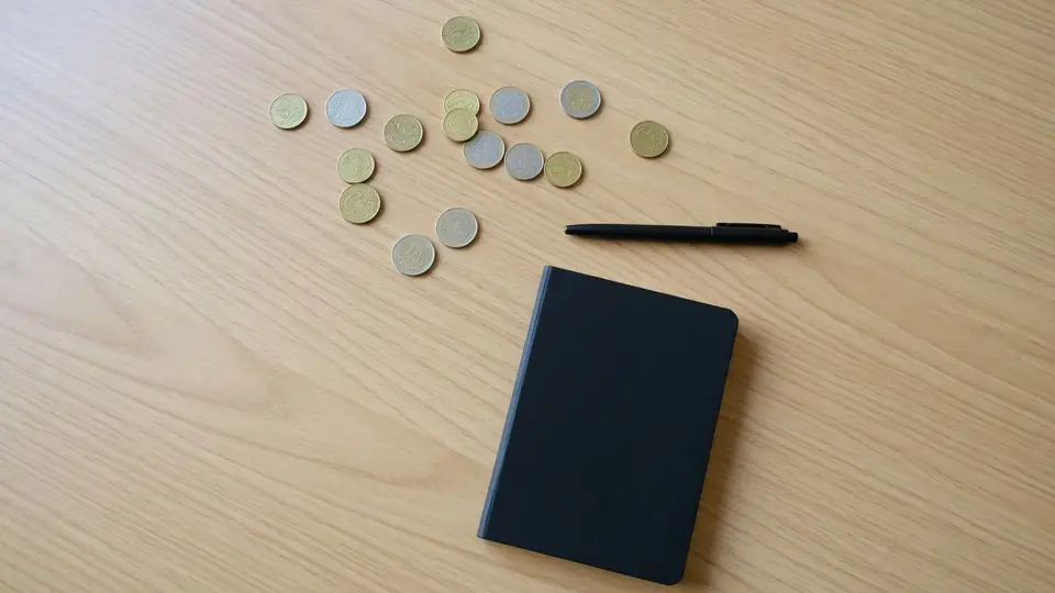Euromünzen neben einem schwarzen Notizbuch und einem Kugelschreiber auf einem hellen Holztisch.