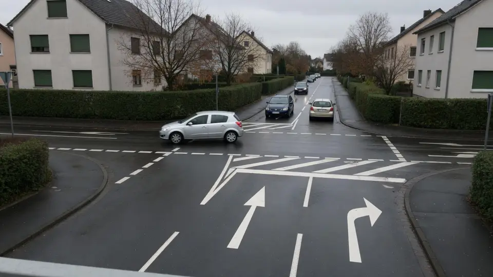 Blick von oben auf eine Kreuzung im Wohngebiet, auf dem nassen Asphalt ein Geradeauspfeil, ein Rechtsabbiegepfeil und eine Sperrfläche.
