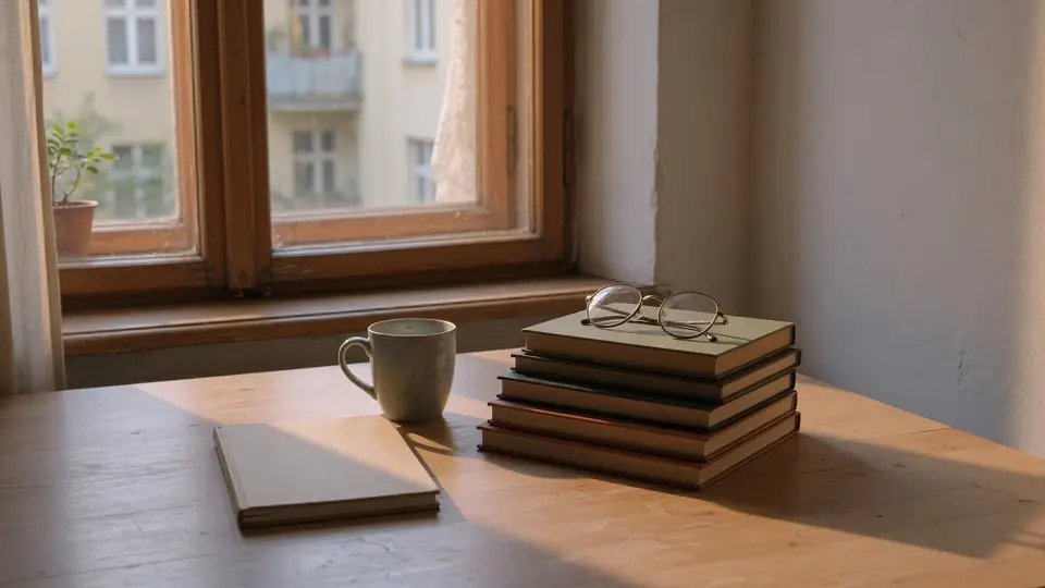 Ein Stapel Bücher mit einer Lesebrille darauf, daneben eine Tasse und ein geschlossenes Heft auf einem Tisch am Fenster.