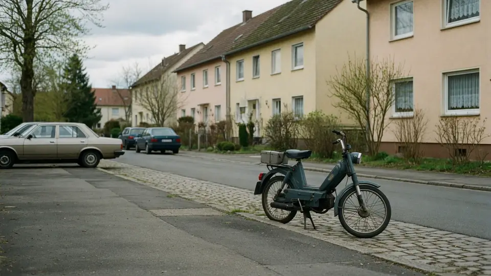 Ein blaugraues Mofa steht ohne Fahrer am Rand einer ruhigen Wohnstraße.