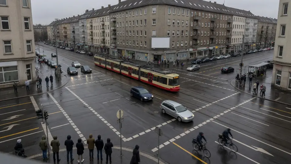 Große Kreuzung in der Stadt bei Regen: eine Straßenbahn quert die Fahrbahn, Autos warten, Radfahrer und Fußgänger stehen an den Ampeln.